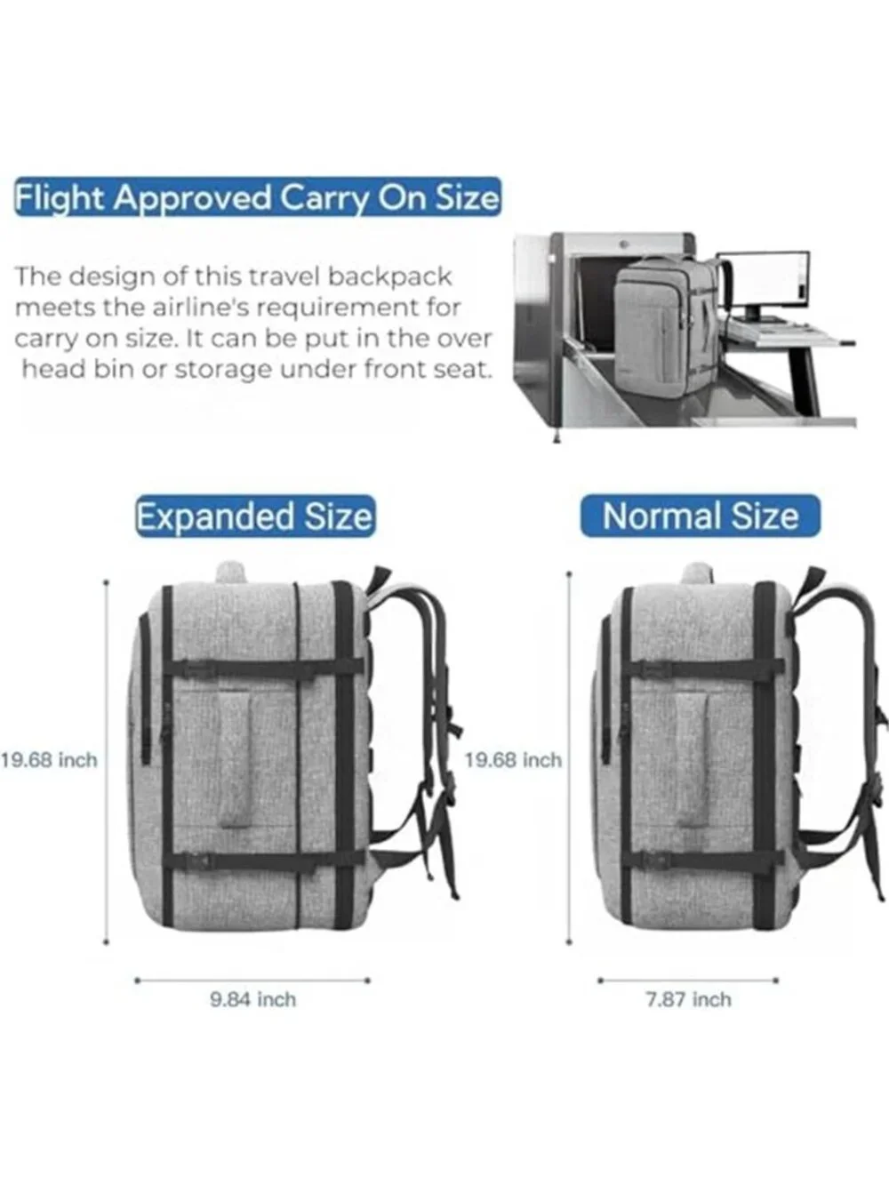 40L 50L Carry On Backpack 17 Inch Laptop Travel Weekender Expandable Grey
